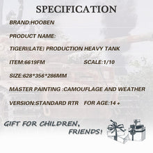 Laden Sie das Bild in den Galerie-Viewer, HOOBEN 1:10 RC RTR TANK Tiger I Late Production Michael Wittmann Heavy Tank WORLD WAR II Master Painting Camouflage & Zimmerit 6619