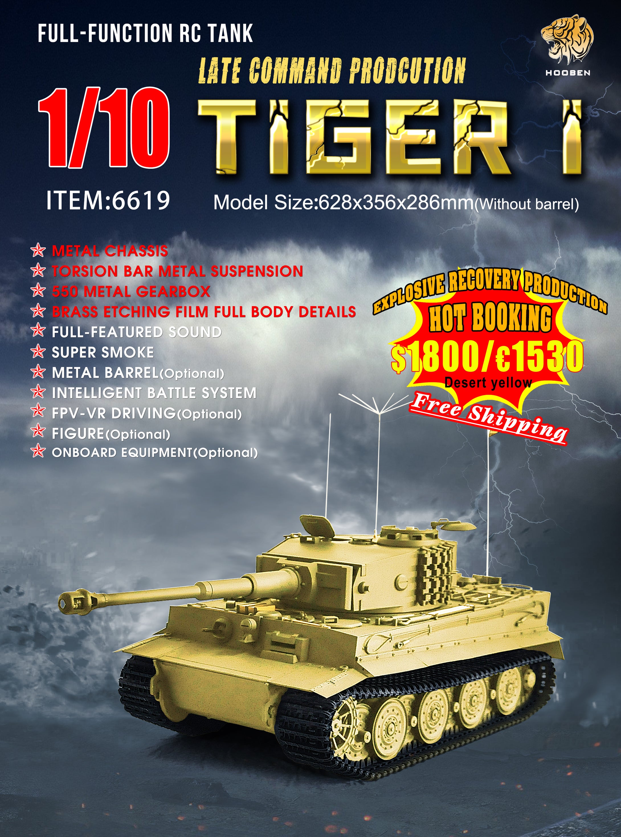 HOOBEN 1:10 RC RTR TANK Tiger I Late Production Michael Wittmann Heavy Tank WORLD WAR II Master Painting Camouflage & Zimmerit 6619