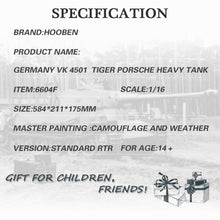 Afbeelding in Gallery-weergave laden, HOOBEN 1/16  TigerP Tiger Porsche RC Tank KIT 6604
